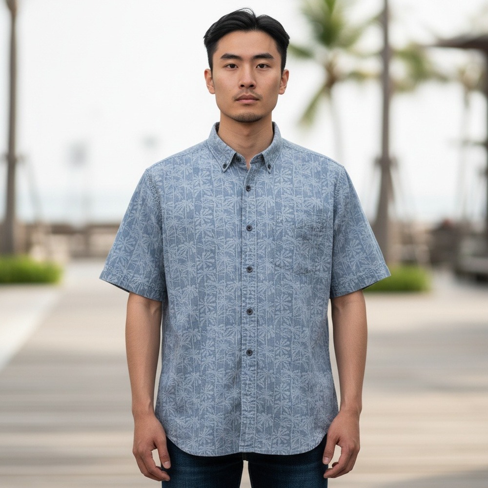 Tommy Bahama Shirt XL Blue Palm Tree Print Tencel Lyocell Trim Fit Short Sleeve